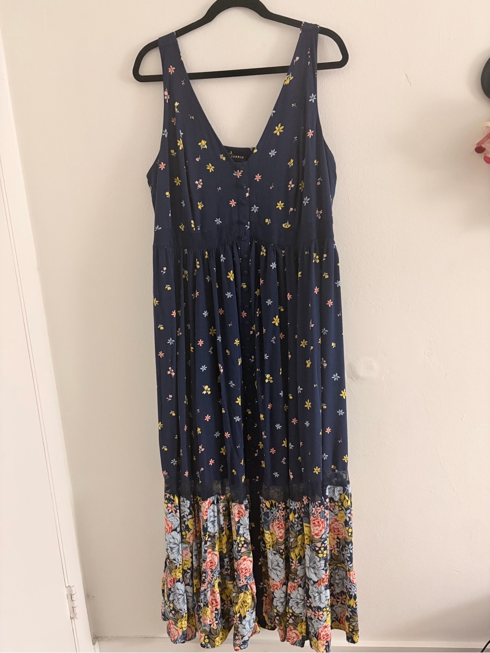torrid Navy Floral Tiered Maxi Dress with Mixed Flower Hem
